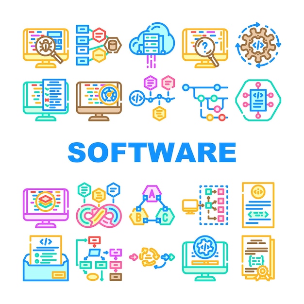 Conjunto de iconos de ingeniero informático de software vector