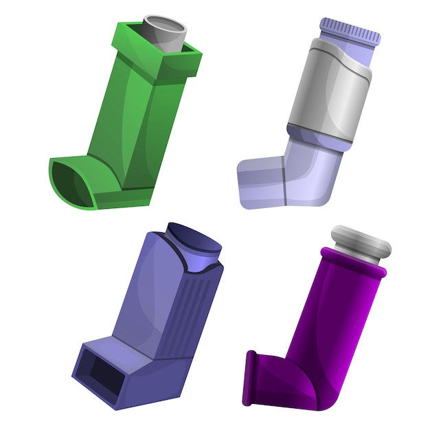 Conjunto de iconos de inhalador, estilo de dibujos animados