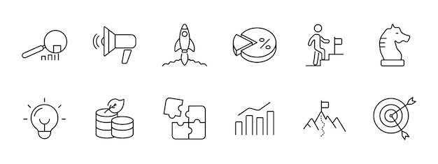 Conjunto de iconos de inicio Gráficos de lentes de ampliación de altavoces Gráfico de porcentaje de cohete Diagrama de camino a la meta Estrategia de ahorro de dinero Puzzle tarea justo en el objetivo Concepto de proyecto comercial