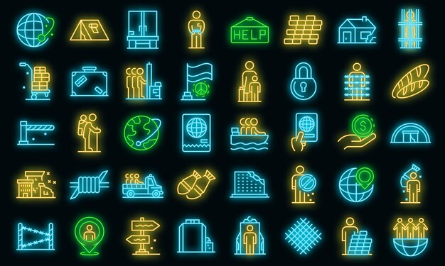 Conjunto de iconos de inmigrantes ilegales. Esquema conjunto de iconos vectoriales de inmigrantes ilegales color neón en negro