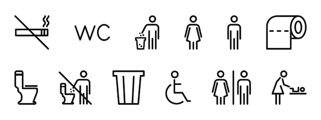 Conjunto de iconos de inodoro vectorial Trazo editable Iconos de WC de línea Baño para hombres, mujeres, madres con bebé y discapacitados Colección de letreros de baño Aseo para hombres mujeres con niños y discapacitados