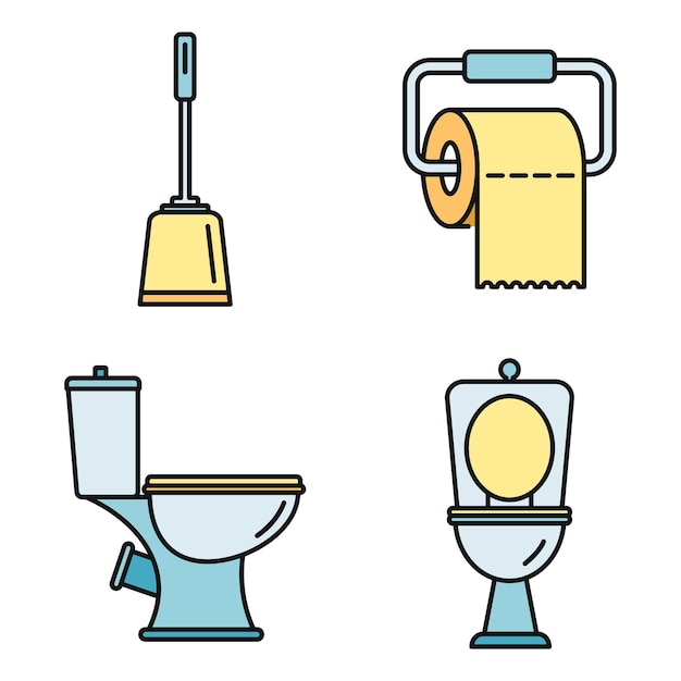 Conjunto de iconos de inodoros Conjunto general de iconos vectoriales de inodoro de línea delgada color plano en blanco