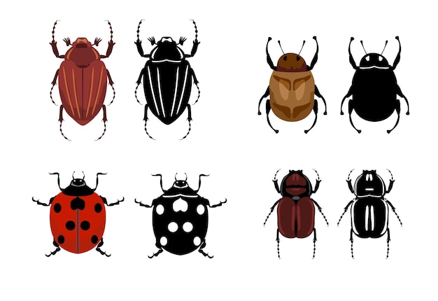 Conjunto de iconos de insectos conjunto plano de iconos de vector de errores para diseño web aislado sobre fondo blanco iconos planos de escarabajo conjunto de insectos ilustraciones en color y en blanco y negro de escarabajos