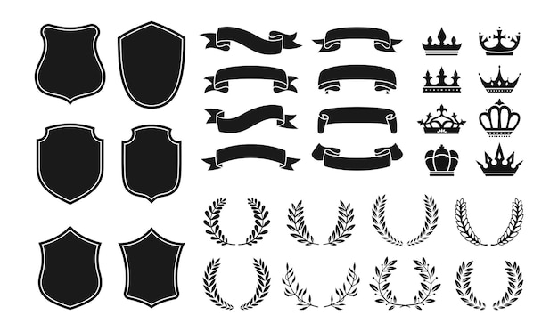 Vector conjunto de iconos de insignia de heráldica blasón corona escudo cinta corona de laurel escudo de armas