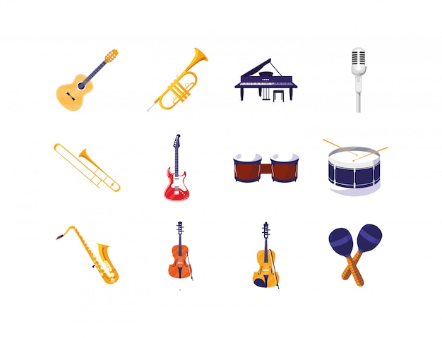 Conjunto de iconos de instrumentos musicales aislados