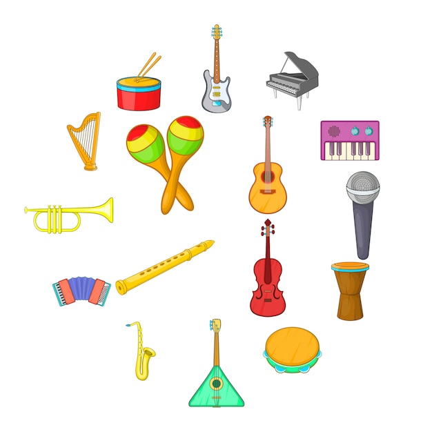 Conjunto de iconos de instrumentos musicales, estilo de dibujos animados