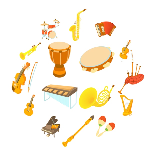 Conjunto de iconos de instrumentos musicales, estilo de dibujos animados