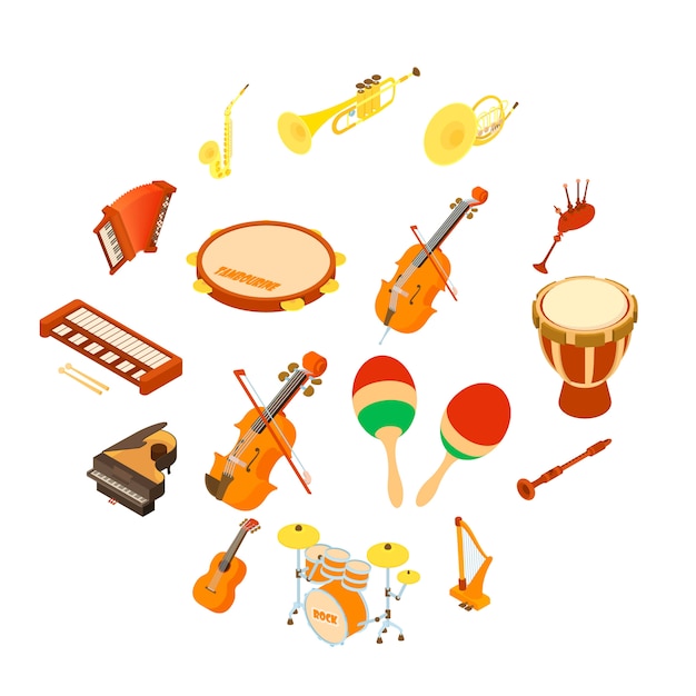 Conjunto de iconos de instrumentos musicales, estilo isométrico