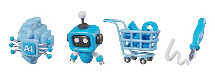 Vector conjunto de iconos de inteligencia artificial 3d cerebro de mini bot con procesador carrito de pluma con números