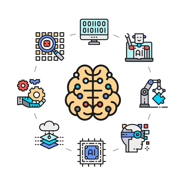 Vector conjunto de iconos de inteligencia artificial. robótica, chatbot, base de datos, icono de promoción de big data ilustración en un círculo aislado sobre fondo blanco.