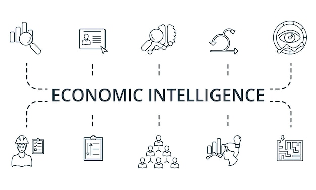 Vector conjunto de iconos de inteligencia económica colección de elementos simples como el crm inteligencia de negocios plan de medios concentración debate de crecimiento personal responsabilidad corporativa
