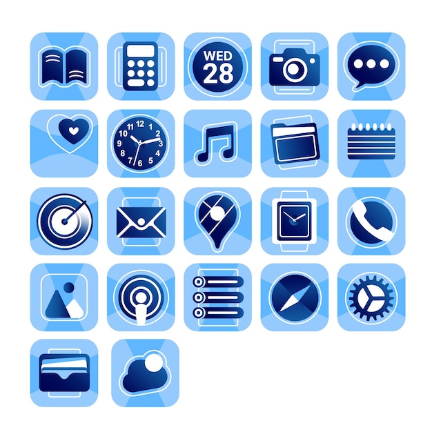 Un conjunto de iconos de interfaz configuraciones reloj calendario calculadora mensajes de correo cámara de música