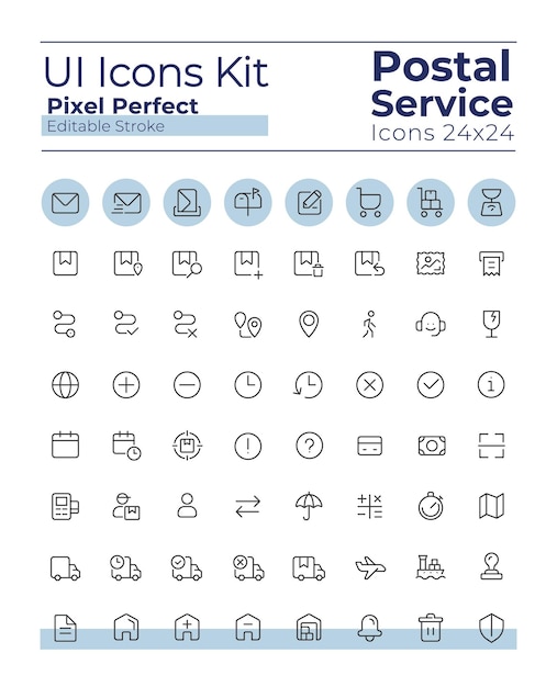 Conjunto de iconos de interfaz de usuario lineal perfecta de píxeles de servicio postal