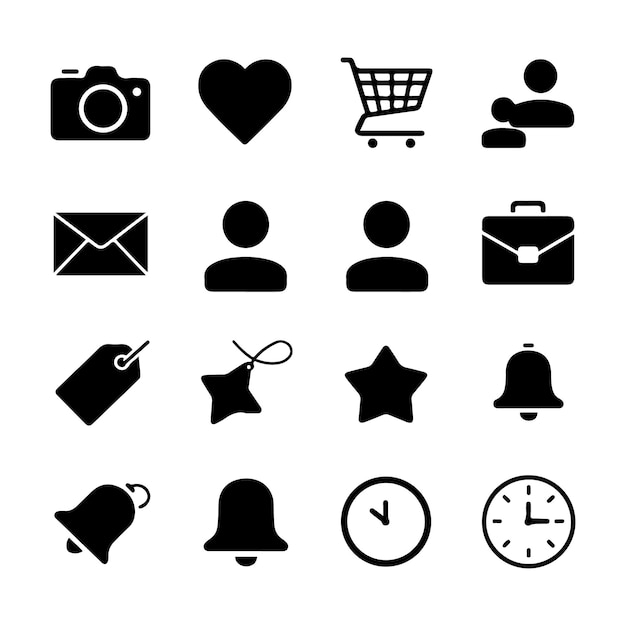 Conjunto de iconos de la interfaz de usuario que representan las compras de comunicación y las notificaciones