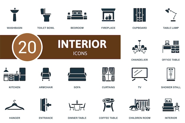 Conjunto de iconos interiores iconos creativos lavabo inodoro