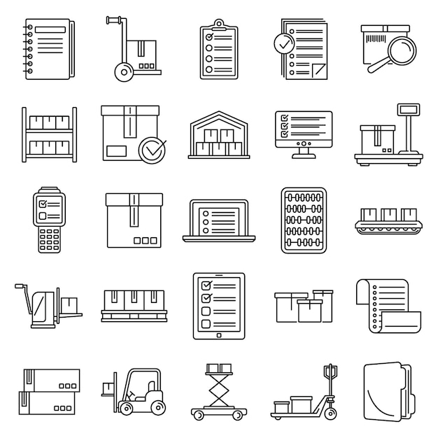 Conjunto de iconos de inventario de trabajo, estilo de contorno