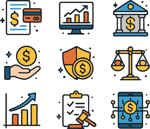 Conjunto de iconos de inversión que contiene fondos mutuos de inversores gestión de riesgos de activos economía financiera