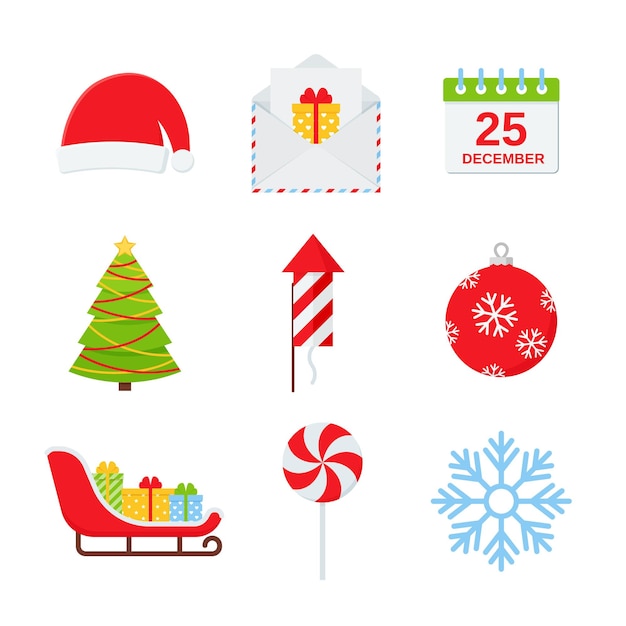 Conjunto de iconos de invierno de Navidad Ilustración vectorial en diseño plano