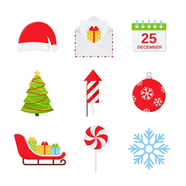 Conjunto de iconos de invierno de navidad ilustración vectorial en diseño plano