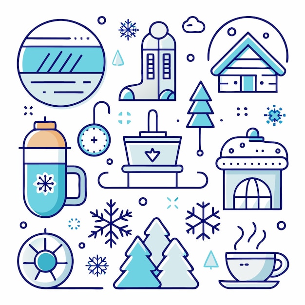 Conjunto de iconos de invierno que incluye una taza, árboles, una casa, un trineo, una bota y un copo de nieve