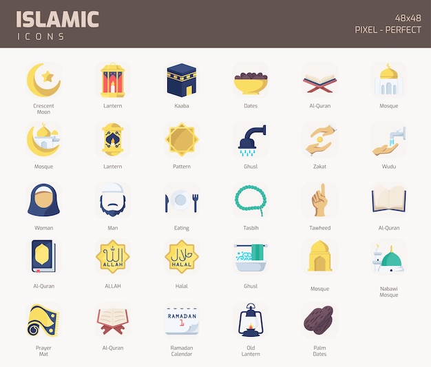Conjunto de iconos islámicos planos colección de símbolos de vacaciones islámicas ilustraciones vectoriales