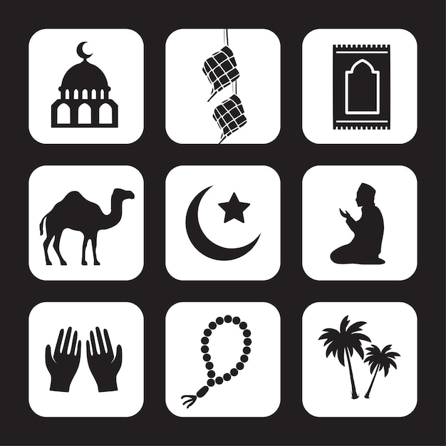Conjunto de iconos islámicos de Ramadán en blanco y negro