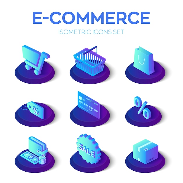 Conjunto de iconos isométricos 3D de comercio electrónico.