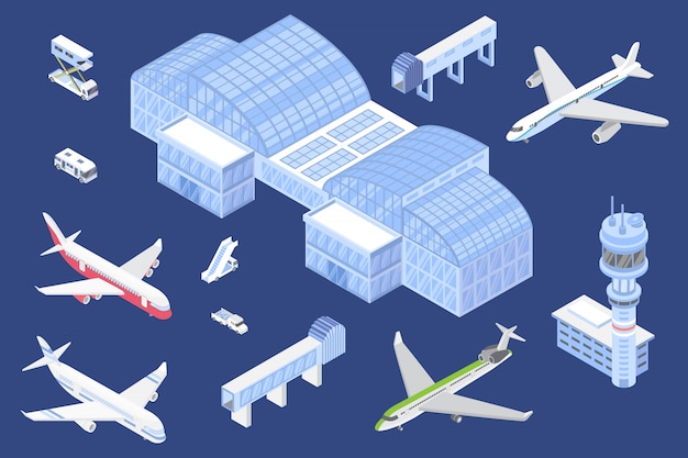 Conjunto de iconos isométricos de aeropuerto, ilustración con aviones aislados y equipo especial para terminal de aeropuerto para diseño o juego.