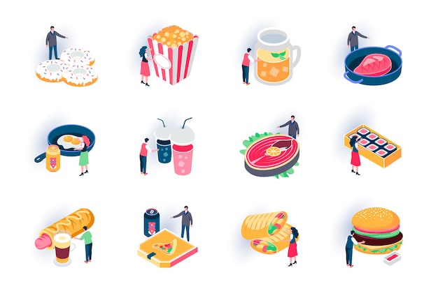 Conjunto de iconos isométricos de alimentos. Menú de comida rápida del restaurante, comida para llevar deliciosa ilustración plana. Hot dog, donas, sushi, hamburguesas y filetes Pictogramas de isometría 3d con personajes de personas.