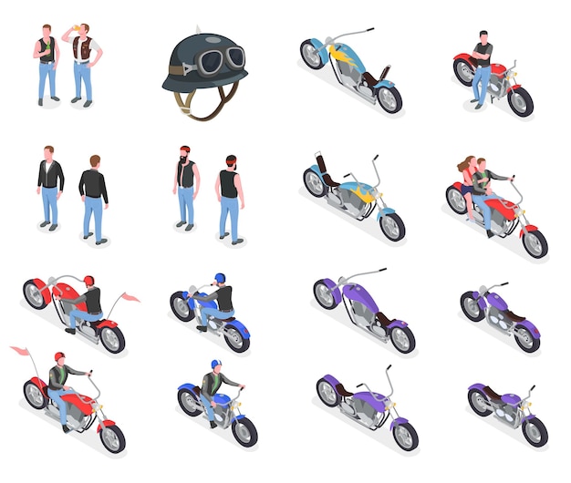 Conjunto de iconos isométricos con casco de ciclistas masculinos y varias motocicletas aisladas sobre fondo blanco ilustración vectorial 3d