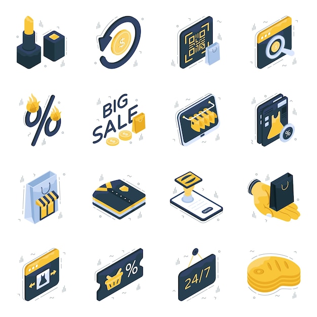 Conjunto de iconos isométricos de compras y compras