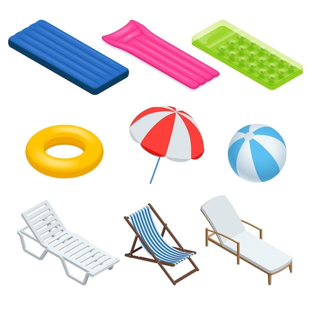 Conjunto de iconos isométricos de elementos y objetos de playa. Ilustración vectorial aislada. Sombrillas, hamacas, sillas, juegos, colchoneta de aire para baño y playa. Disfrutando del bronceado.