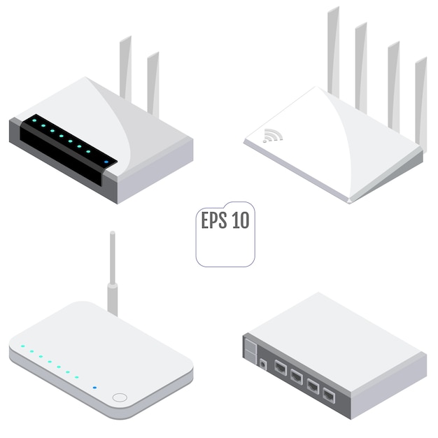 Vector conjunto de iconos isométricos de enrutador. conjunto de enrutador wifi para diseño web. aislado