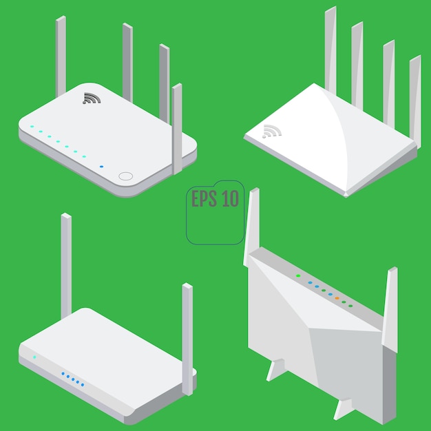 Conjunto de iconos isométricos de enrutador. Conjunto de iconos de enrutador wifi para diseño web. Aislado