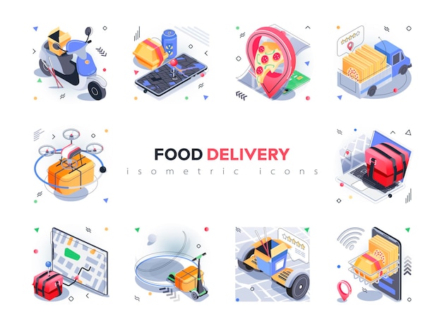 Conjunto de iconos isométricos de entrega de alimentos servicio de envío rápido pedidos en línea de pizzas y paquetes