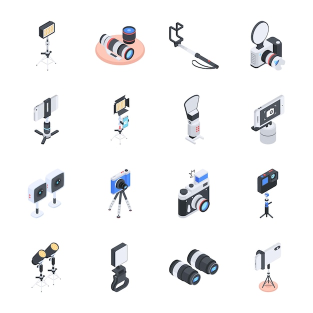 Conjunto de íconos isométricos de equipo de fotografía de teléfono