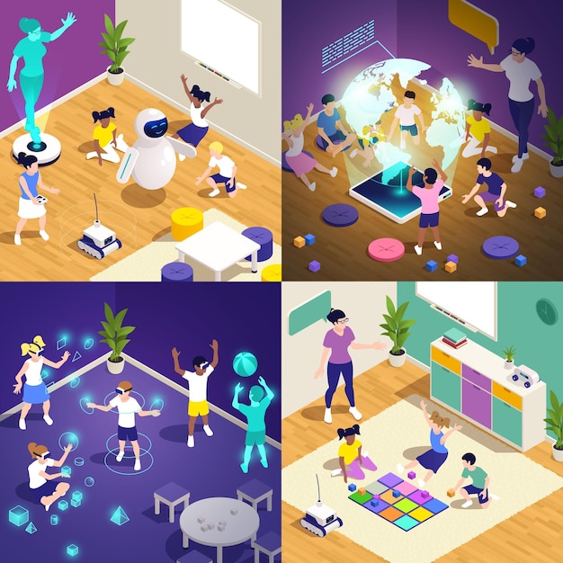 Conjunto de iconos isométricos de jardín de infantes de cuatro cuadrados jardín de infantes del futuro con proyecciones 3D de personas y juegos ilustración vectorial