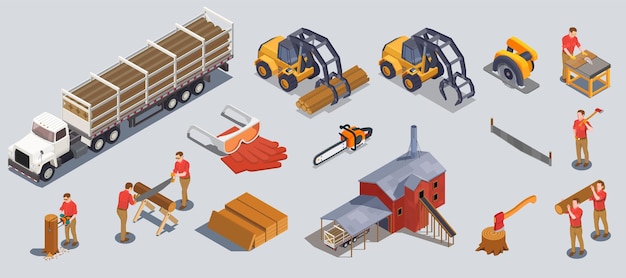Conjunto con iconos isométricos de leñador de aserradero de aserradero aislado de vehículos de herramientas de madera y personajes humanos ilustración vectorial