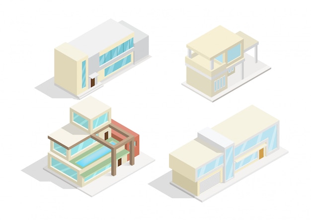 Conjunto de iconos isométricos o elementos infográficos que representan casas modernas