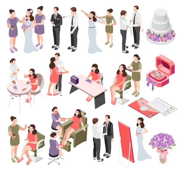 Conjunto de iconos isométricos de planificación de bodas de novia y novio que se ajustan la ropa con sastre haciendo maquillaje y peinado ilustración vectorial isométrica