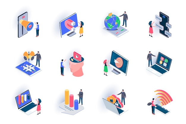 Conjunto de iconos isométricos de redes sociales. Tecnología SMM, observación de tendencias, análisis y orientación de ilustración plana. Comunicación y promoción en línea Pictogramas de isometría 3D con personajes de personas.
