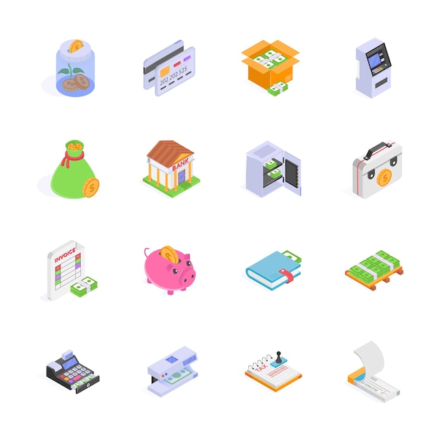 Este conjunto de iconos isométricos representa varios elementos financieros