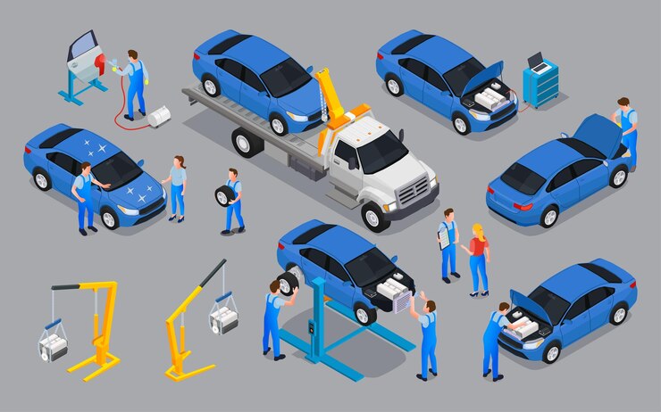 Vector conjunto de iconos isométricos de servicio de automóvil de camión de remolque con trabajadores de automóviles defectuosos y equipo de taller para la ilustración de vector de reparación