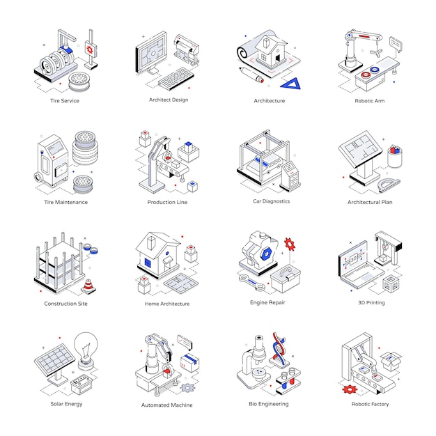 Conjunto de iconos isométricos de servicios de ingeniería