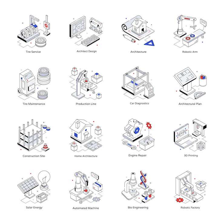 Vector conjunto de iconos isométricos de servicios de ingeniería
