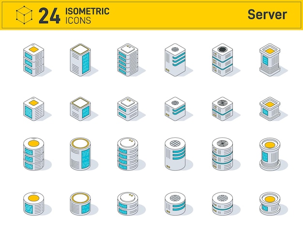 Vector conjunto de iconos isométricos de servidores en un fondo blanco sala de almacenamiento del centro de datos