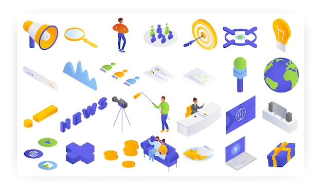 Conjunto de iconos isométricos vectoriales de producción y transmisión de noticias de televisión pareja viendo noticias de televisión sentadas