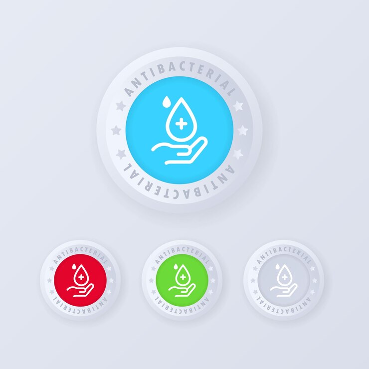 Vector conjunto de iconos de jabón antibacteriano. botón antibacteriano en estilo 3d. mano con gota.