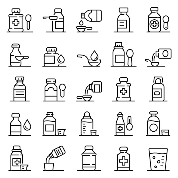 Conjunto de iconos de jarabe para la tos, estilo de contorno