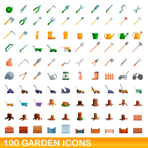 Conjunto de iconos de jardín, estilo de dibujos animados
